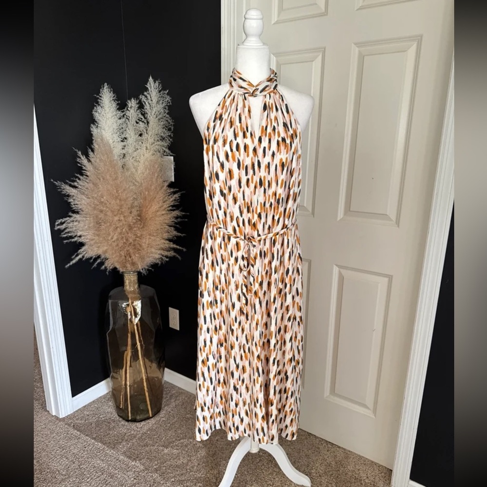 NWT Banana Republic Twist Neck Satin Colorful Print Midi Dress 
size Medium - Picture 2 of 12